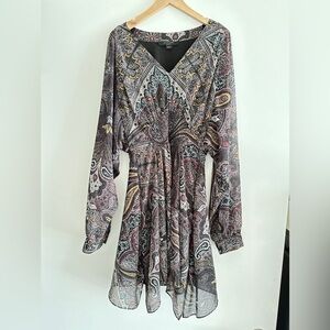 All Saints Brown Tan V-Neck Long Sleeve Boho Paisley Print Sundress